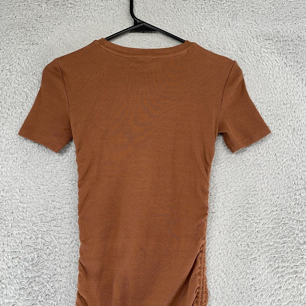 Zara T Shirt Dress Womens S Brown Ruched Bodycon Mini Ribbed Capsule Neutral - Picture 10 of 12